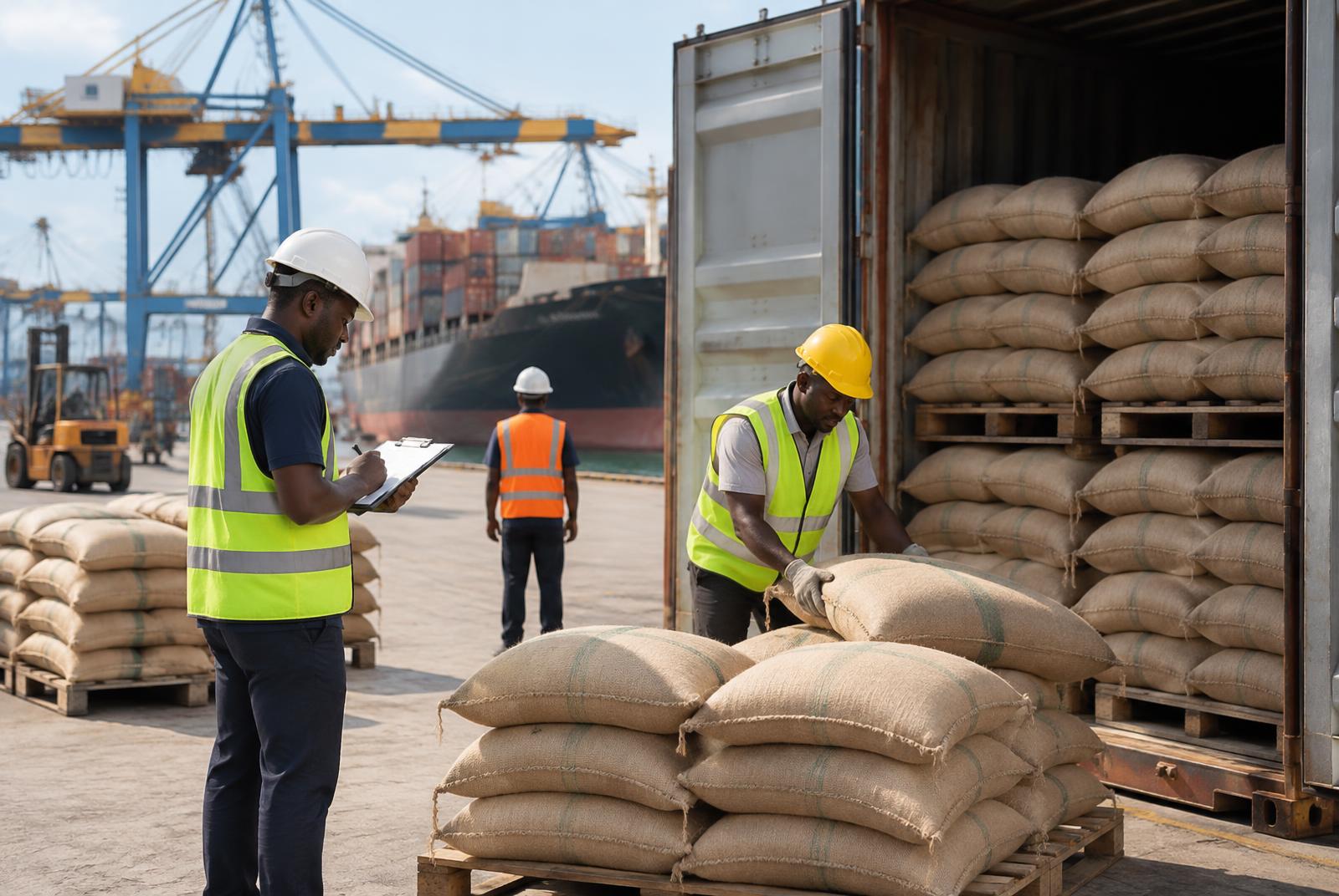 Jute coffee sacks staged with export containers at Dar es Salaam