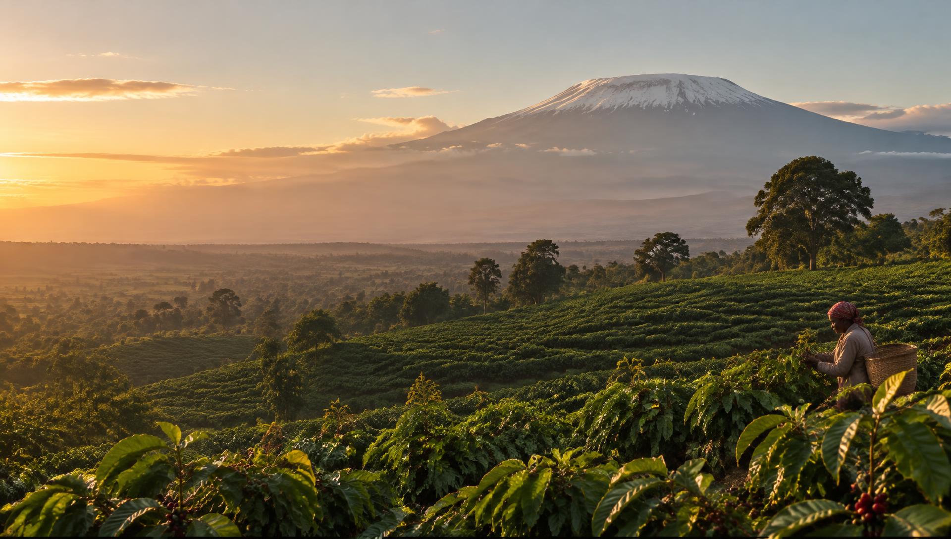 Coffee farms below Mount Kilimanjaro at sunrise